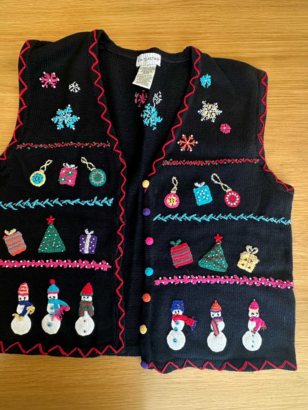 White Stag Black Embroidered Holiday Vest with Multicolor Appliqués
